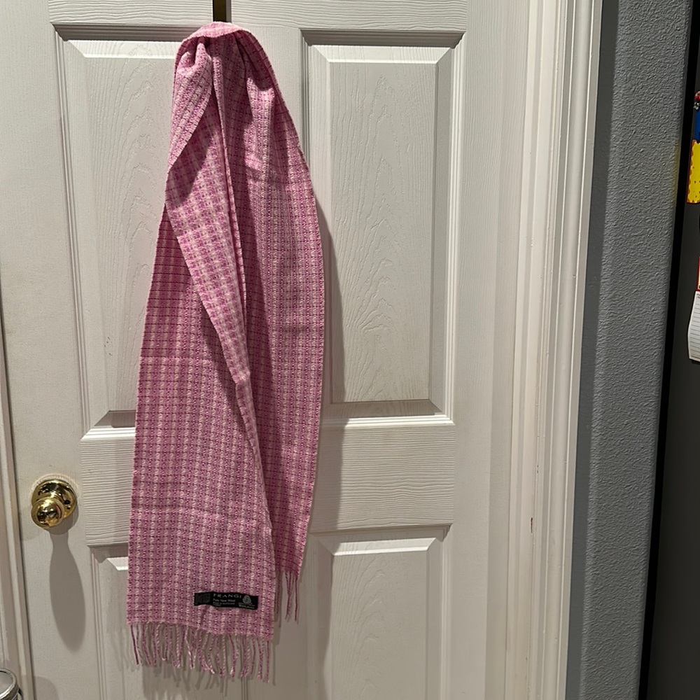 FRANGI Pure wool Pink & White Windowpane Plaid Fringe Scarf